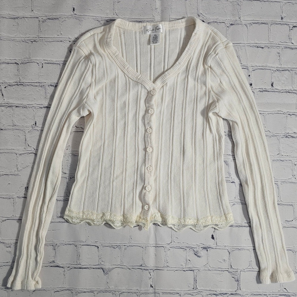 White Fawn Womens XL Cream Ribbed Lace Trim Button Front Cardigan Sweater